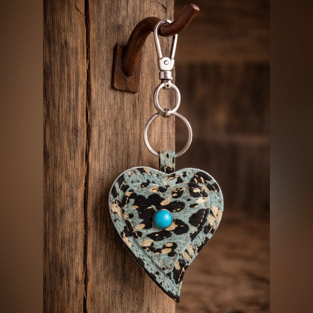 Turquoise Leopard Heart Keychain